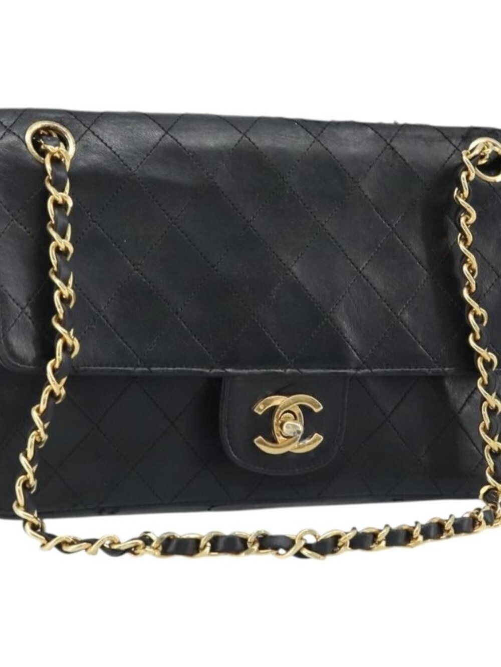 CHANEL Matelasse 25 Double Flap Chain Bag Lamb Skin Gold Black CC Auth bs34164